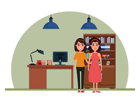 avatar women avatar brunette woman with bandana and woman with short hair profile picture cartoon character portrait indoor with hanging lamps, bookshelf and computer desk vector illustration graphic designのイラスト素材