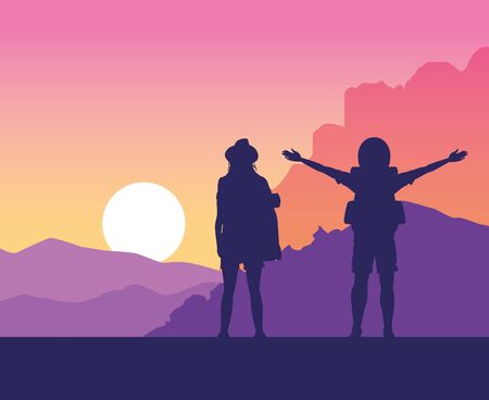 Backpack travelers couple landscape drawing scenery silhouette vector illustration graphic design.のイラスト素材