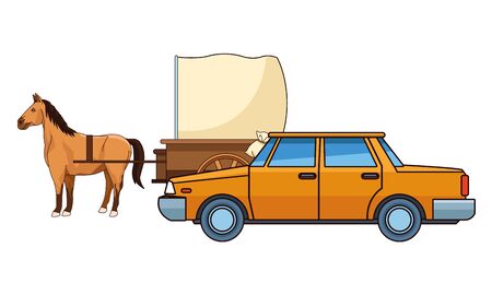 cars and antique horse carriage, vintage and retro vehicles vector illustration graphic design.のイラスト素材