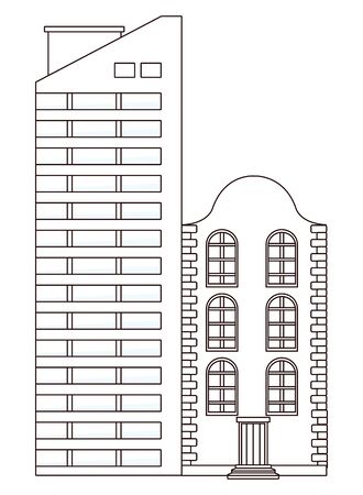 Urban buildings and city architecture, modern classics and antiques real estates edifices in black and white vector illustration graphic design.のイラスト素材