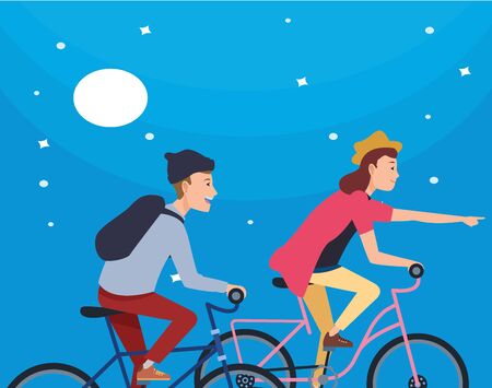 Young people riding bikes with hats and backpack at night with moon and stars ,vector illustration graphic design.のイラスト素材