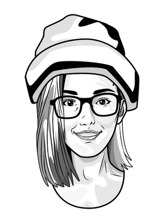 Pop art beautiful woman with glasses and beanie hat face smiling ,vector illustration graphic design.のイラスト素材