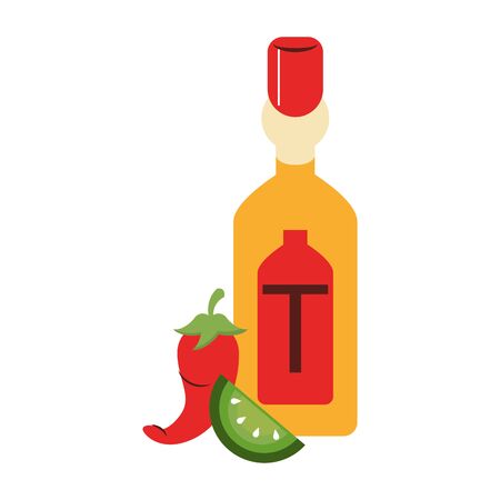 mexico culture and foods cartoons tequila bottle lemon cut and jalapeno vector illustration graphic designのイラスト素材