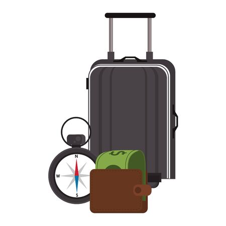 Travel vacations and summer luggage wallet with money and navigation compass cartoons vector illustrationのイラスト素材