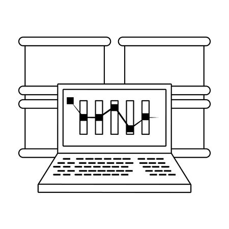 Online stock market investment laptop and petroleum barrels symbols in black and white vector illustrationのイラスト素材