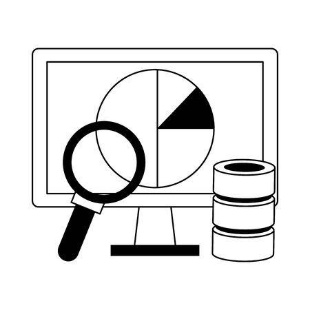Office and business technology symbols computer with graph and magnifying glass vector illustration graphic designのイラスト素材