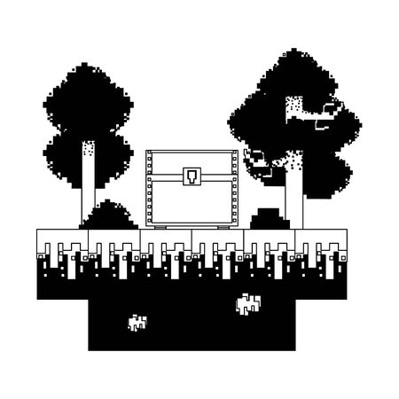 videogame pixelated retro art digital entertainment, wooden coffer in middle of trees cartoon vector illustration graphic designのイラスト素材