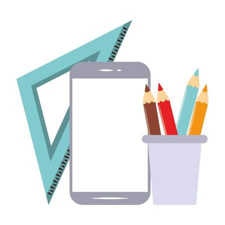 elearning and education smartphone and ruler with pencils in cup symbols vector illustration graphic designのイラスト素材