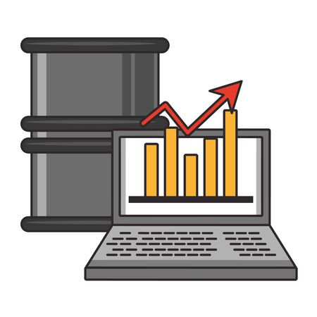 Online stock market investment petroleum barrel and laptop with statistics symbols vector illustrationのイラスト素材