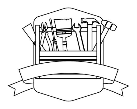 Construction tools and equipment toolbox cartoons emblem with blank ribbon banner vector illustration graphic design.のイラスト素材