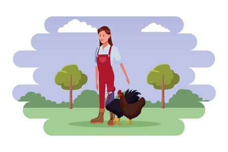 farm, animals and farmer woman wearing overall with rooster and hen avatar cartoon character over the grass with shruberry, trees and clouds vector illustration graphic designのイラスト素材