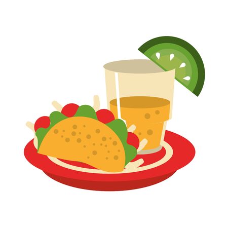 mexico culture and foods cartoons tequila glass and lemon cut on the edge on a plate accompanied by a taco vector illustration graphic designのイラスト素材