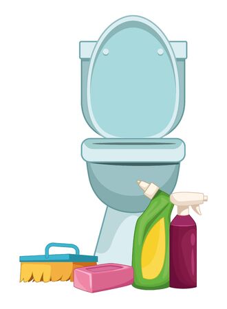 cleaning and hygiene equipment liquid soap, spray cleaner, scrum brush and soap bar next to a toilet vector illustration graphic designのイラスト素材