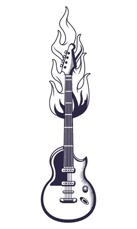 guitar with flame drawn in black and white tattoo icon vector illustration graphic designのイラスト素材
