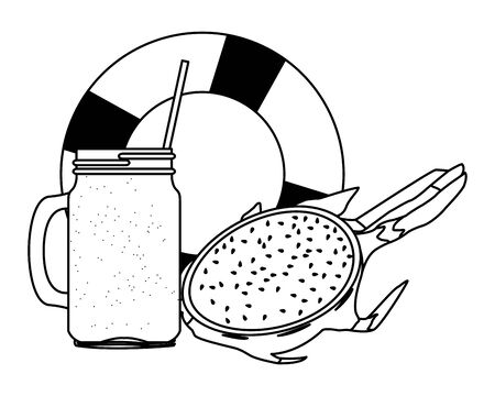 summer beach and vacation with lifebuoy, tropical fruit and smoothie drink icon cartoon in black and white vector illustration graphic designのイラスト素材