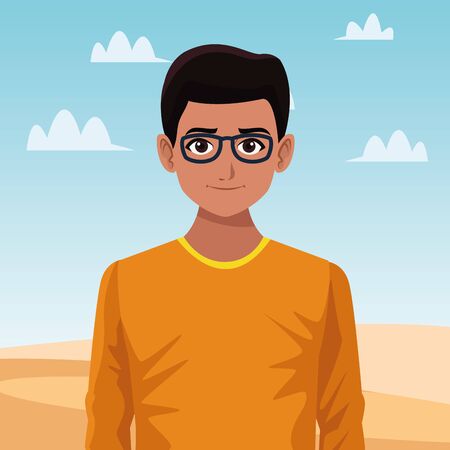 indian asian religion oriental culture, young man wearing glasses isolated cartoon vector illustration graphic designのイラスト素材