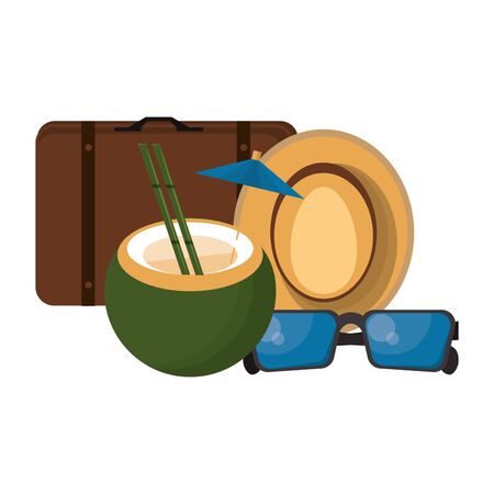 Travel vacations and summer suitcase sunglasses hat and coconut cocktail cartoons vector illustrationのイラスト素材