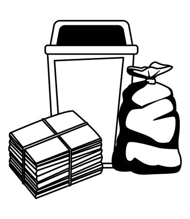 plastc garbage can, paper pile moored and bag icon cartoon in black and white vector illustration graphic designのイラスト素材