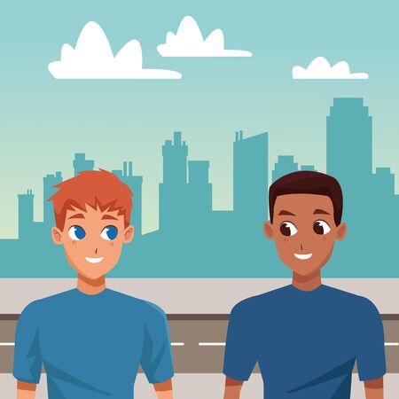 Young male couple smiiling and walking cartoon in the city urban background ,vector illustration.のイラスト素材