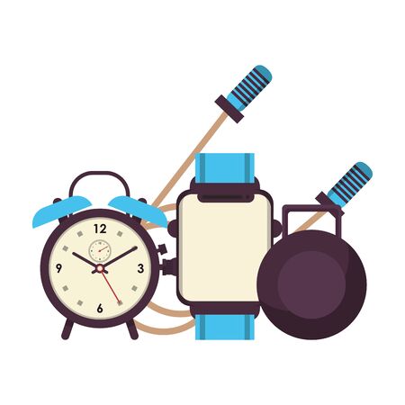 fitness equipment workout health and alarm clock watch jump rope symbols vector illustration graphic designのイラスト素材