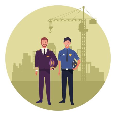 labor day employment occupation national celebration,pilot with police man workers in front city construction view cartoon vector illustration graphic designのイラスト素材