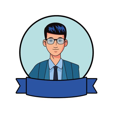 businessman wearing suit with glasses avatar cartoon character profile picture portrait with a ribbon banner in round icon vector illustration graphic designのイラスト素材