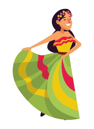 mexican traditional culture mariachis with dancer woman with flower in her hair avatar cartoon character vector illustration graphic designのイラスト素材