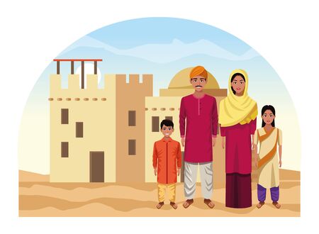indian asian religion oriental culture, traditional family parents, mother and father with children cartoon vector illustration graphic designのイラスト素材
