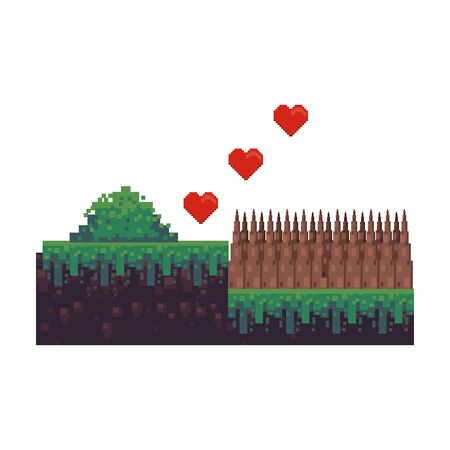 videogame pixelated retro art digital entertainment, hearts with wooden fence cartoon vector illustration graphic designのイラスト素材