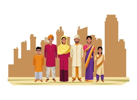 indian asian religion oriental culture, traditional family parents, mothers and fathers with children cartoon vector illustration graphic designのイラスト素材