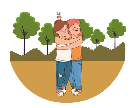 teenager friends women smiling and greeting in the park, outdoors scenery background vector illustration graphic design.のイラスト素材