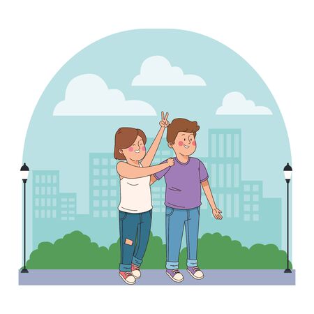 teenager friends smiling and greeting boy and girl in the city, urban scenery background vector illustration graphic design.のイラスト素材