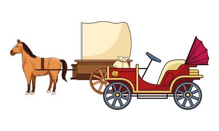 Classic cars and antique horse carriage, vintage and retro vehicles vector illustration graphic design.のイラスト素材