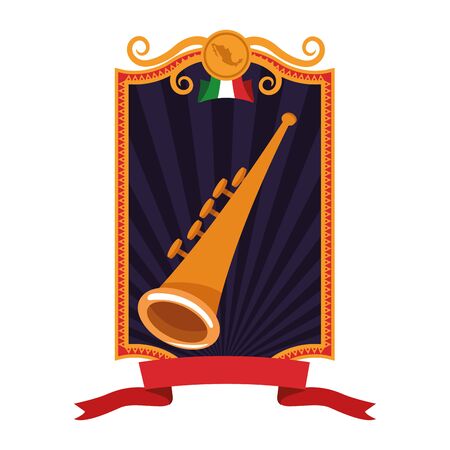 mexican food and traditional culture with trumpet icon cartoon with square frame, ribbon banner and mexican flag vector illustration graphic designのイラスト素材