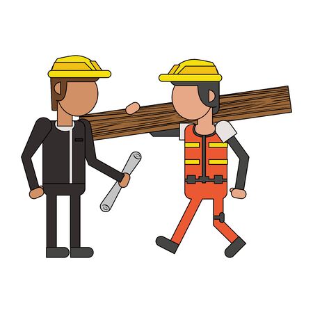Construction worker with wooden plank and architect with plans cartoonsのイラスト素材