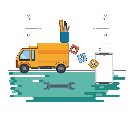 technology device maintenance support smartphone mobile gadget under website construction with heavy engineer tools cartoon vector illustration graphic designのイラスト素材