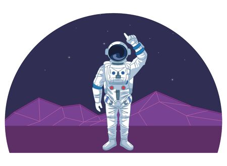space exploration astronaut pointing up with retro futuristic mountain landscape icon cartoon vector illustration graphic designのイラスト素材
