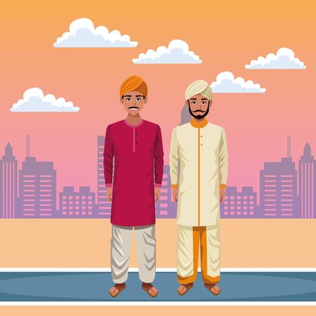 indian men wearing traditional hindu clothes man with moustache and turban man with beard and turban profile picture avatar cartoon character portrait outdoor over the street with sand, clouds in the desert and cityscape with skyscraper in orange tone vector illustration graphic designのイラスト素材