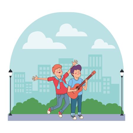 Teenagers friends playing guitar and singing cartoon in the city, urban scenery background vector illustration graphic design.のイラスト素材