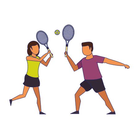 fitness couple training tennis sport cartoons isolated vector illustration graphic designのイラスト素材
