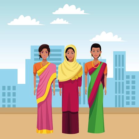 indian indian woman wearing traditional hindu clothes women wearing sari and jewelry and woman wearing hiyab profileのイラスト素材