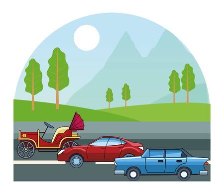 Vintage and classic cars modern vehicles riding on highway landscape background vector illustration graphic design.のイラスト素材
