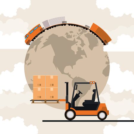 transportation cargo merchandise logistic train with forklift making travel around world with merchancy boxes cartoon vector illustration graphic designのイラスト素材