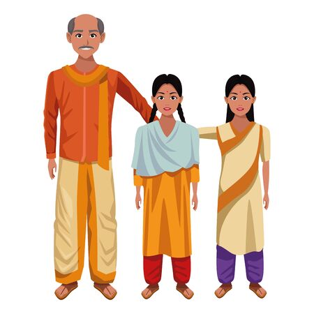 indian family man with moustache and bald next to young girl with braid and young girl with sari and bindi wearing traditionalのイラスト素材