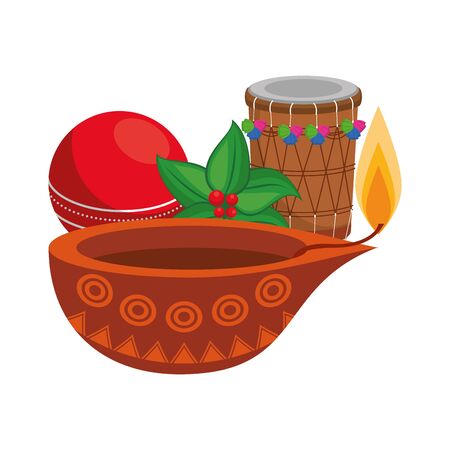 traditional indian culture elements with drum, lamp and cricket ball icon cartoon vector illustration graphic designのイラスト素材