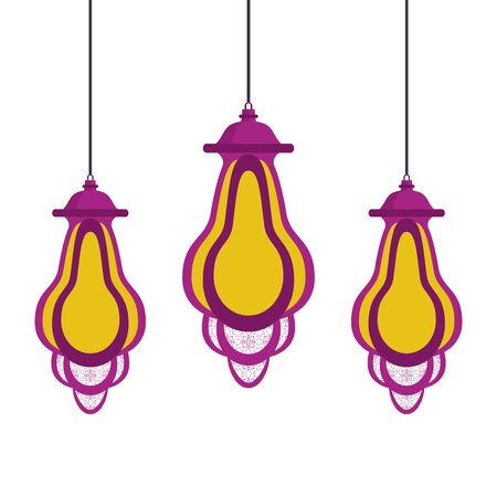 lanterns decoration festival golden and purple hanging lamps, arabic and oriental culture cartoon vector illustration graphic designのイラスト素材