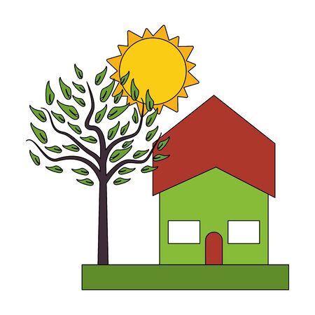 urban house residence home, outdoor scene with tree and sun cartoon vector illustration graphic design vector illustration graphic designのイラスト素材