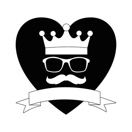 golden crown glasses and moustache icon cartoon with heart background and ribbon banner in black and white vector illustration graphic designのイラスト素材