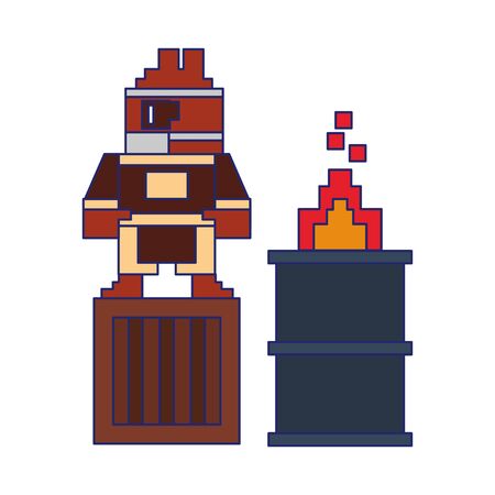 Videogame pixelated ninja on box with barrel in fire vector illustration graphic designのイラスト素材