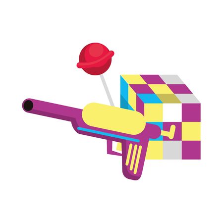 retro vintage pop art gun toy pistol with cube and lollipop cartoon vector illustration graphic designのイラスト素材